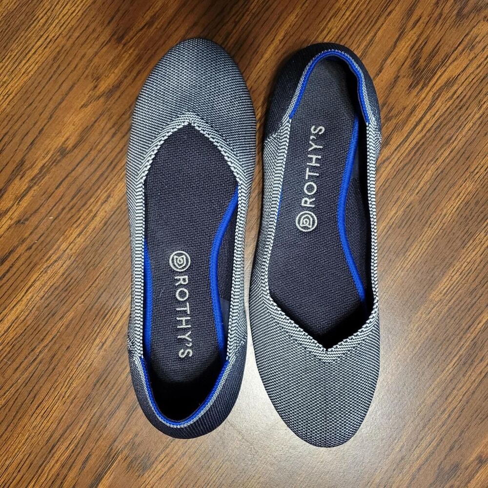 Rothy's The Flat Cloud Grey/ Navy Birdseye Size 12 Round Toe Ballet Office
